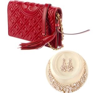 Tory Burch Red Apple Embossed Leather Wallet Crossbody & Fashion Jewelry